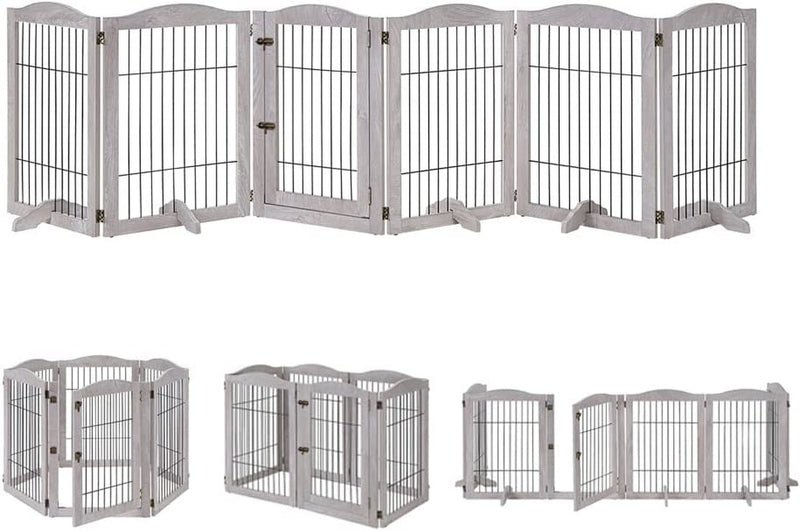 Extra Wide Dog Gate and Playpen with Door - Tall Fence for Dogs Cats and Babies - Walnut