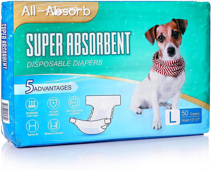 HONEY CARE All-Absorb Disposable Female Dog Diapers Extra Small Size, Improved, 50 Count, Super Absorbent, Breathable, Wetness Indicator