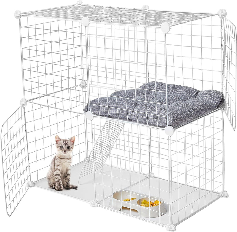 Large 2-Tier Cat Cage Crate - Detachable Metal Indoor Playpen for Cats Ferrets Kittens Puppies Bunnies - White 2756 x 2756 x 1378 in