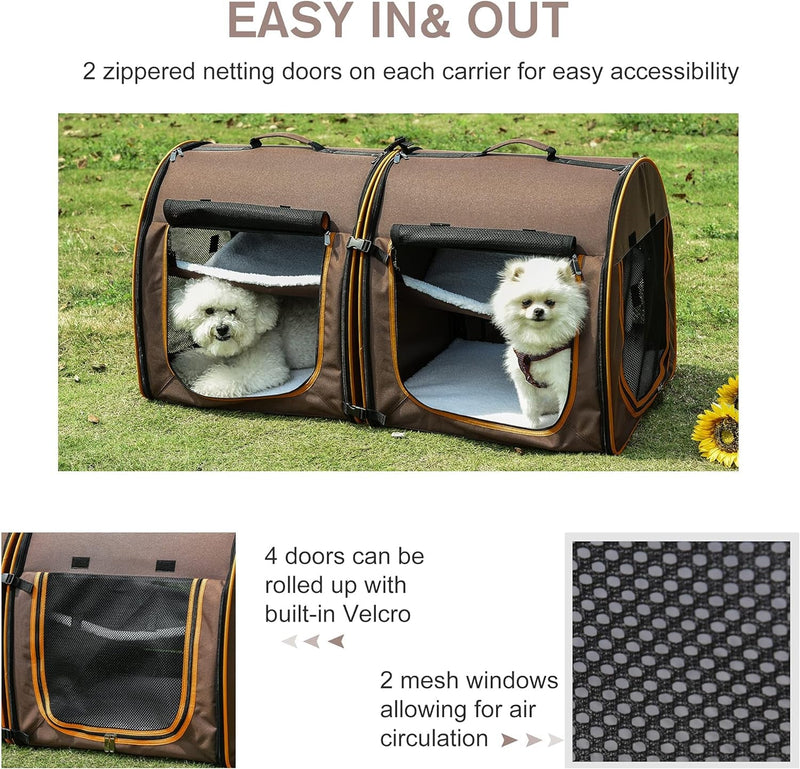 Pawhut Portable Cat Carrier with Divider 2 Compartments Soft Cushions Storage Bag - Brown 39