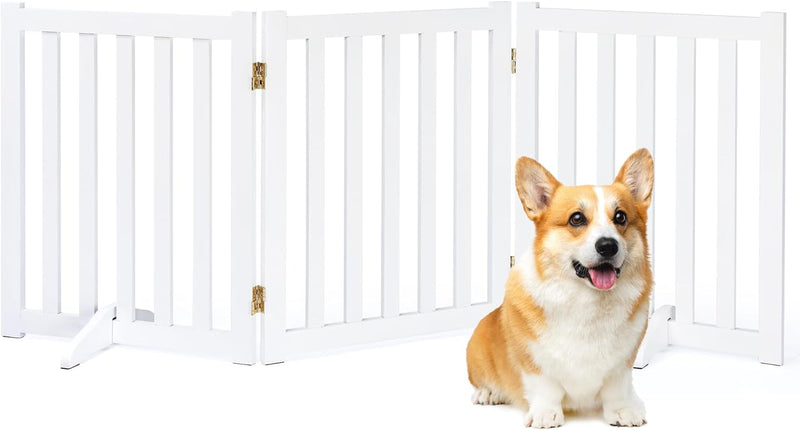 Freestanding Pet Gate - Tall Wood Safety Fence - Support Feet - 3 Panel Design - Walnut