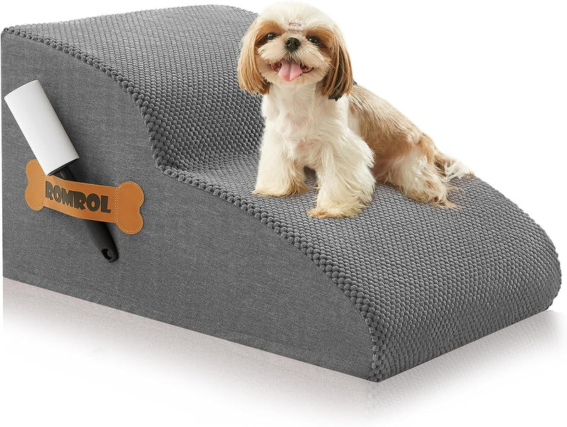 High Density Foam Dog Stairs Ramp - Extra Wide 3-Tier Pet Steps for Beds and Couches Non-Slip Waterproof Fabric Cover - Small Dog and Cat Friendly