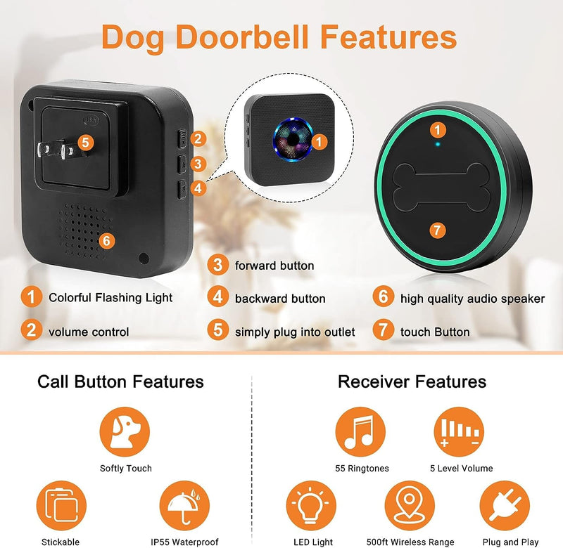 Wireless Dog Doorbell for Potty Training - Waterproof Touch Buttons and Portable Receivers