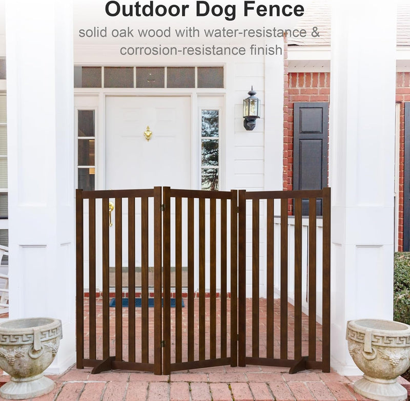 Freestanding Pet Gate - Tall Wood Safety Fence - Support Feet - 3 Panel Design - Walnut