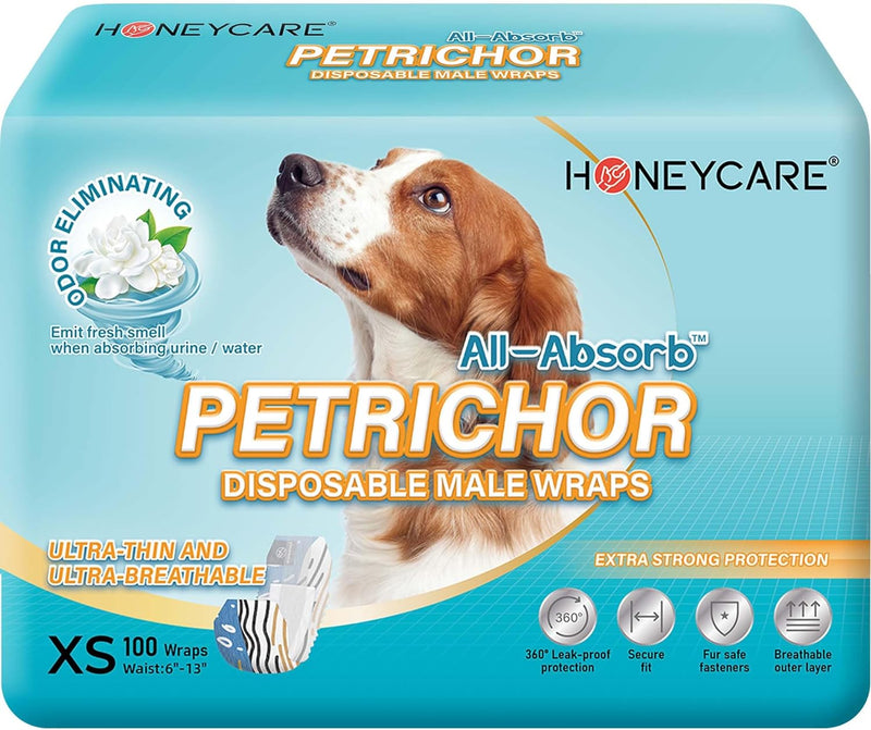 HONEY CARE All Absorb Petrichor Male Dog Wrap, Fresh Smell Dog Diaper, Disposable, Small, White, 100 Count