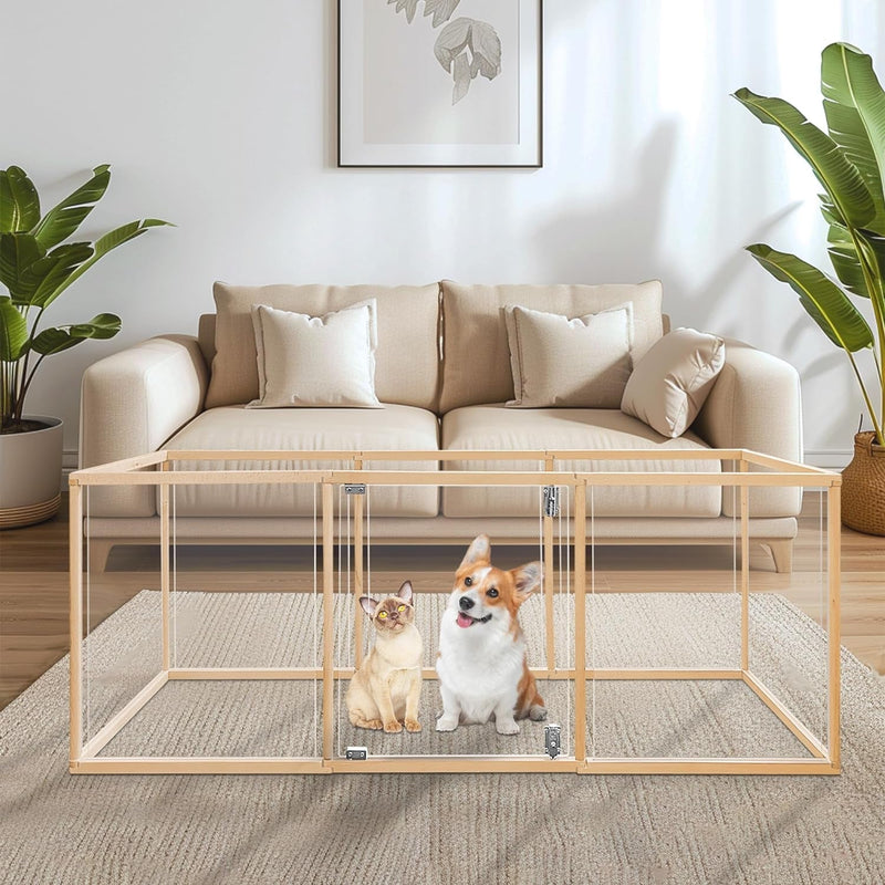 26 Clear Pet Playpen Fence for Small Animals - Durable Wood Frame 8 Panels 21 L x 26 H