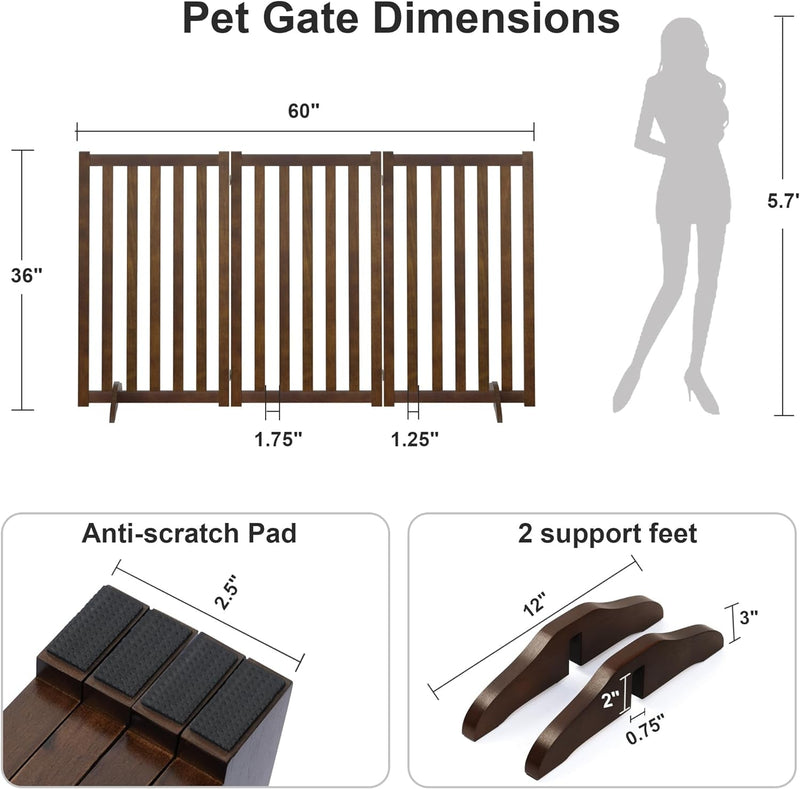 Freestanding Pet Gate - Tall Wood Safety Fence - Support Feet - 3 Panel Design - Walnut