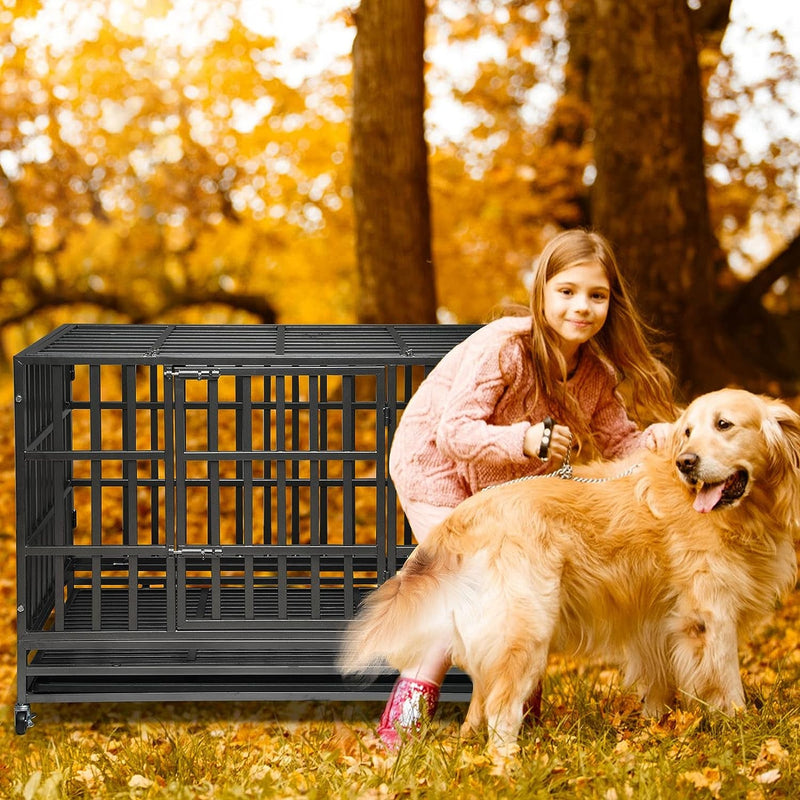 Heavy Duty Dog Kennel Crate Cage with Double Doors Lockable Wheels - XL Pet Playpen 48 Inch