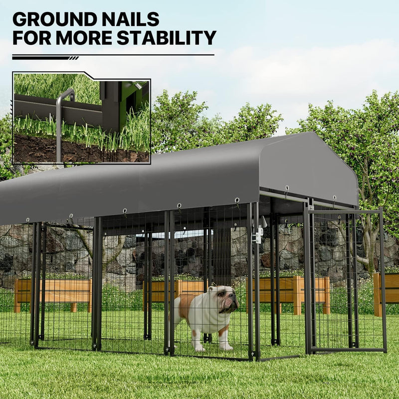 Heavy Duty Outdoor Dog Run Enclosure for SmallMedium Dogs - Metal Kennel with Roof and Rotating Feeding Doors Expandable Playpen - 14 Panels