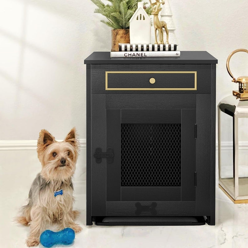 YITAHOME Dog Crate Furniture - Heavy Duty End Table with Drawer for MediumSmall Dogs Black