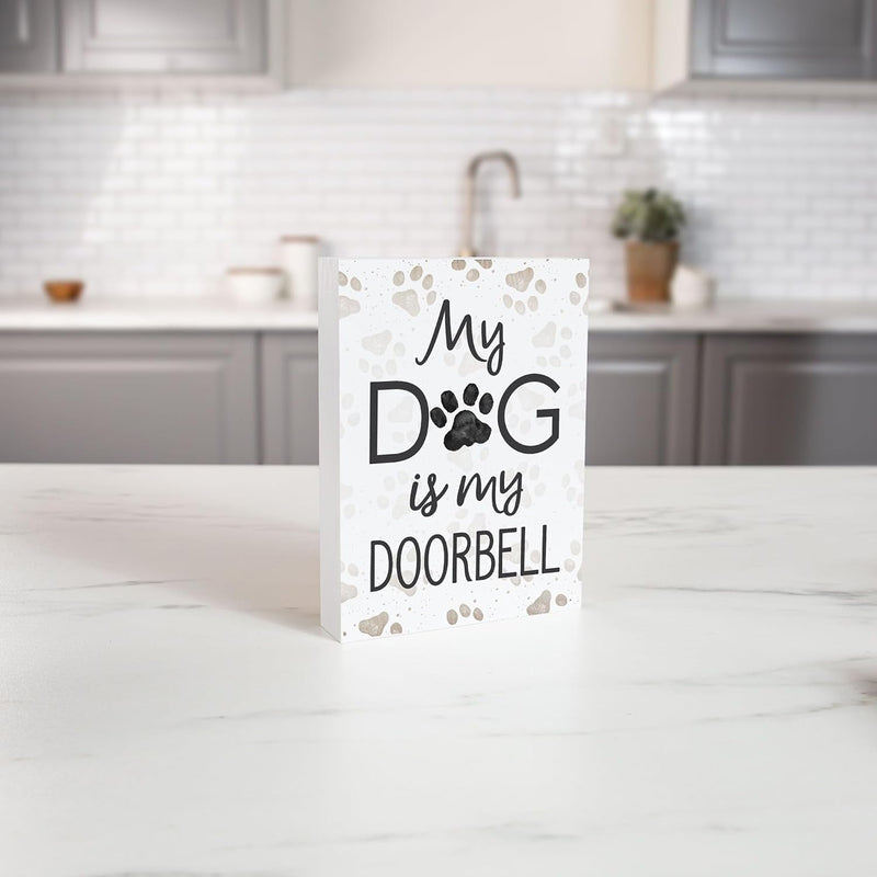 Wooden Dog Pawprint Tabletop Sign - 725 x 55 Grey Pine Wood Doorbell Block