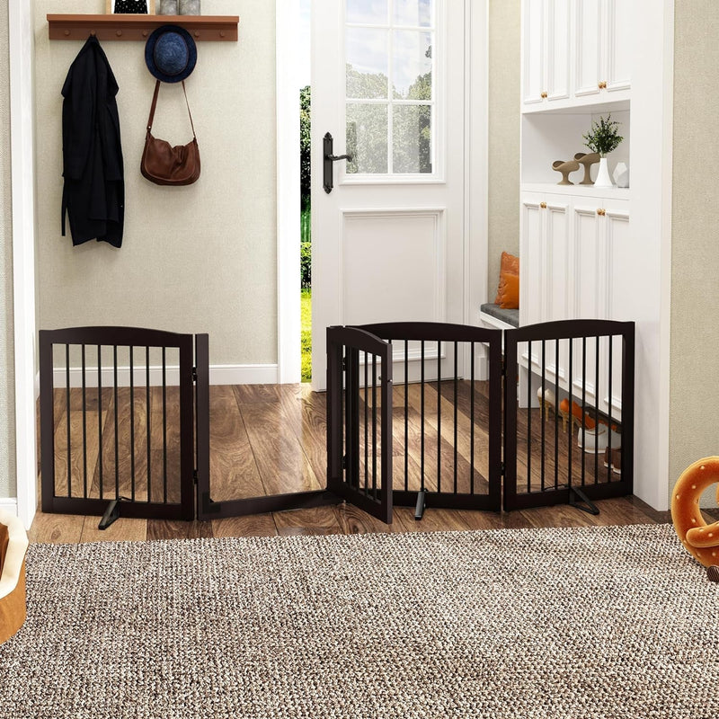 Freestanding Dog Gate with Door - 80 Inch Wide - 24 Tall - Dark Brown - Indoor Use