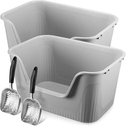 Hushee 2 Sets Large Cat Litter Boxes High Sides with Metal Waste Scoop 25 x 18 x 13'' Extra Large Litter Box Litter Pans for Cats/Dogs up to 36 Lbs Open Top Low Entry Anti Splash Free Assembly