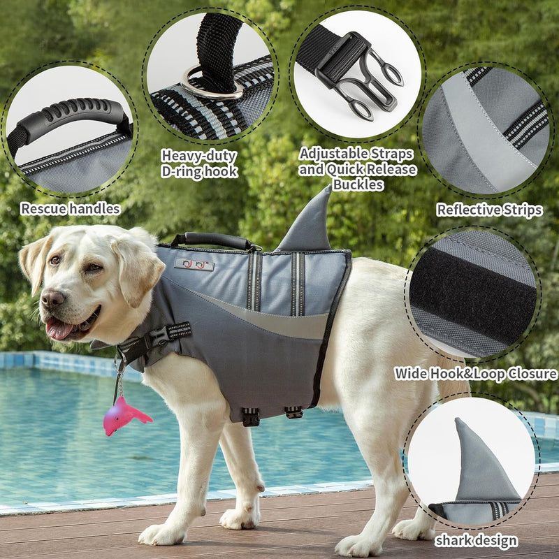 X-Large Dog Life Jacket with Reflective Stripes and Shark Float Coat for Swimming and Boating - For Small Medium and Large Dogs