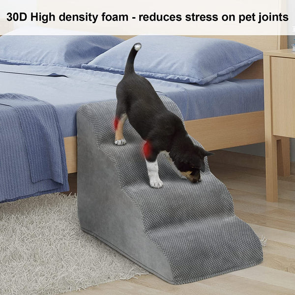 High Density Foam Pet Stairs with Washable Cover - 4 Steps and Hair Remover Roller Included