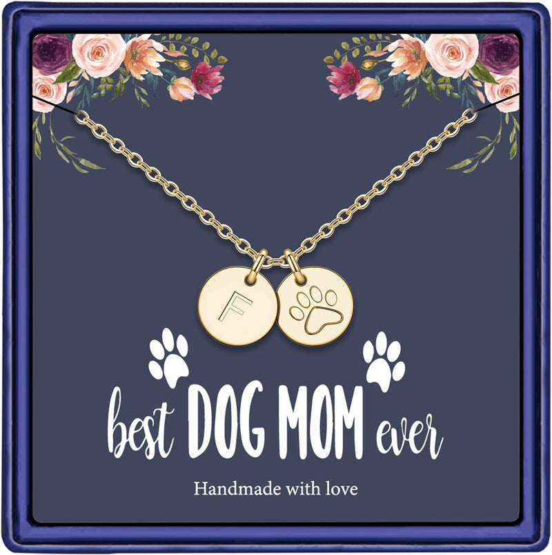 Gold Dog Mom Initial Necklace - 14K Gold Filled Disc with Paw Print - Pet Lover Gift for Women and Girls