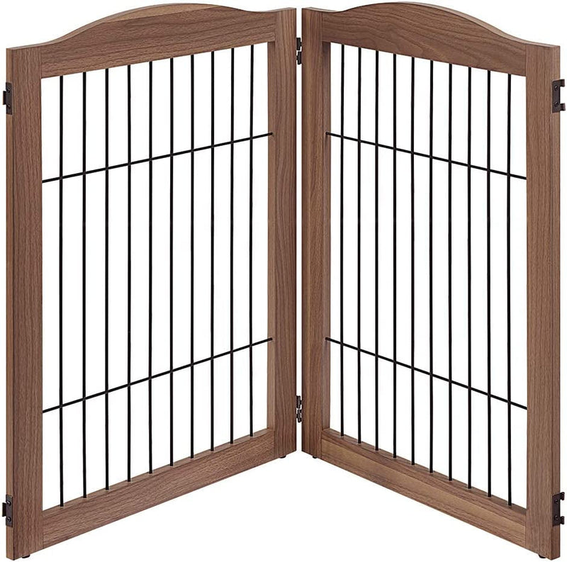 Extra Wide Dog Gate and Playpen with Door - Tall Fence for Dogs Cats and Babies - Walnut