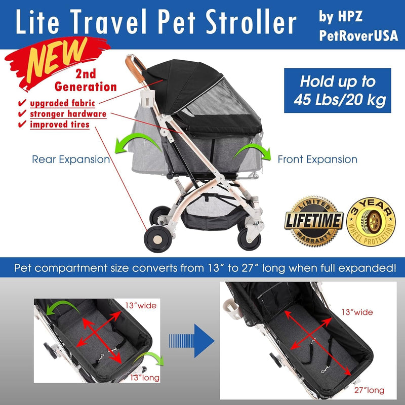 HPZ Pet Rover Lite Stroller for Small  Medium Pets - Travel Carriage with Convertible Compartment and 1-Hand Quick Fold