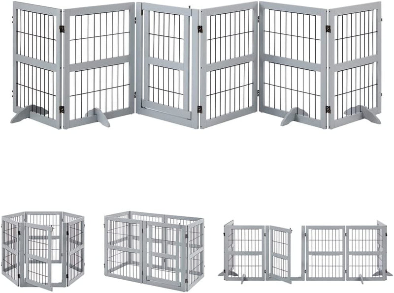 Extra Wide Dog Gate and Playpen with Door - Tall Fence for Dogs Cats and Babies - Walnut