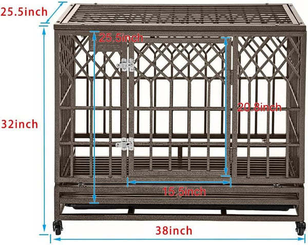 Heavy Duty Metal Dog Cage with Wheels Y Shape Brown - 38In Pet Kennel Crate Playpen