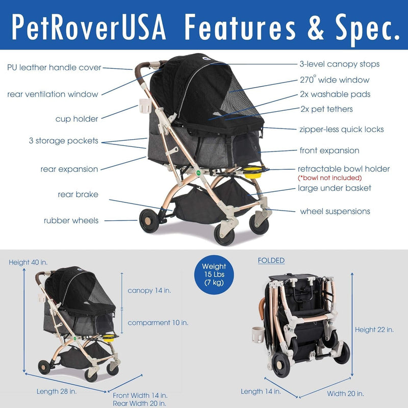 HPZ Pet Rover Lite Stroller for Small  Medium Pets - Travel Carriage with Convertible Compartment and 1-Hand Quick Fold