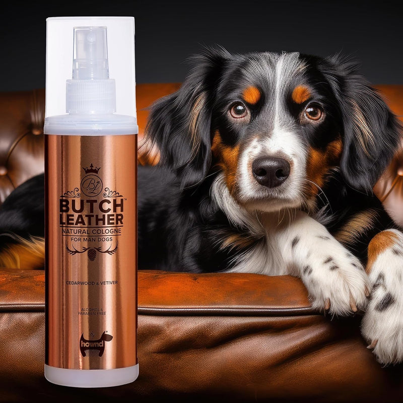 Hownd Butch Leather Natural Cologne Deodorizer & Shine Spray for Dogs, Long Lasting Fragrance - Freshen up between Baths, No Alcohol, Parabens, Soap or Dyes