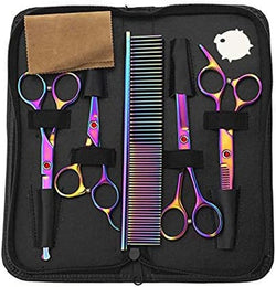 HIP-HOME Dog Grooming Scissors Set Dog Cat Grooming Shears Set 5 Piece Stainless Steel Straight & Thinning & Curved Pet Trimmer Kit Hair Cutting