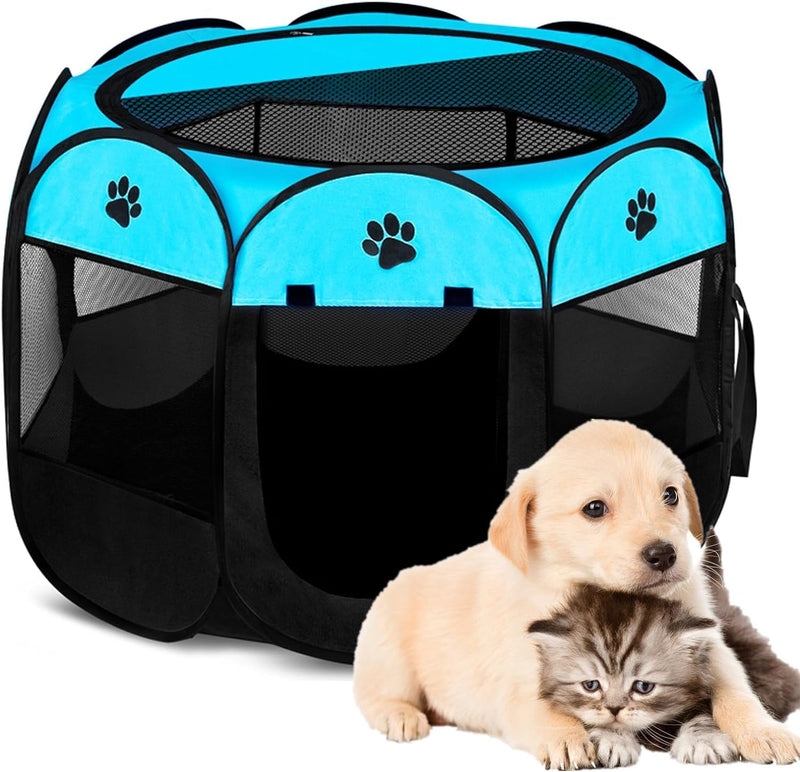 Portable Pet Playpen - Foldable IndoorOutdoor Exercise Kennel with Tent Mesh Cover - Blue S 28x28x18 for DogsCatsRabbits