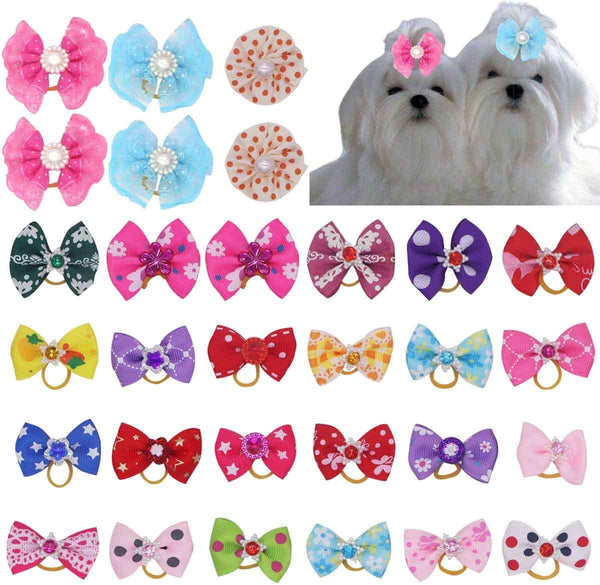 100 Multicolor Dog Hair Bows with Rhinestones and Rubber Bands