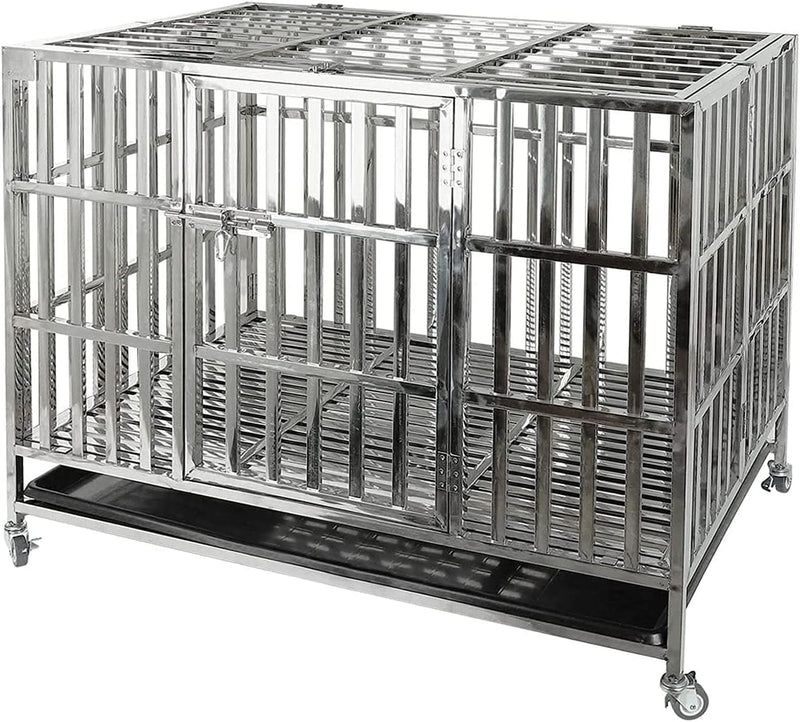 Heavy Duty Stainless Steel Dog Cage - 42 Crate  Playpen w Double Doors  Locks Lockable Wheels Removable Tray No Screws