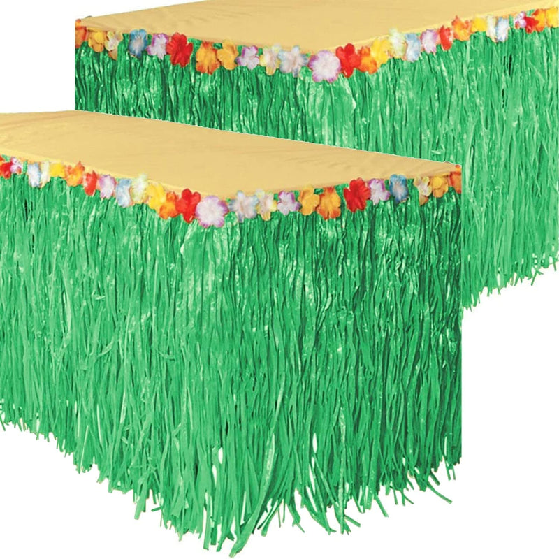 GIFTEXPRESS 9 feet X29 Luau Green Grass Table Skirt, Hawaiian Luau Hibiscus Table Skirt for Hawaiian Party, Luau Party Supplies, Luau Party Decorations, Moana Birthday Party (2)