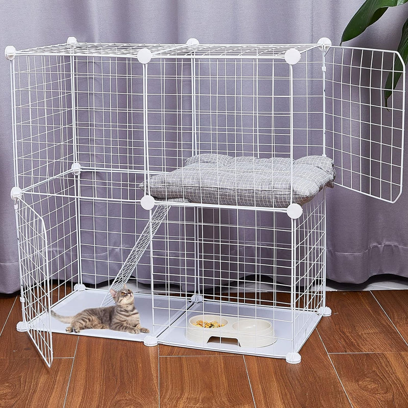 Large 2-Tier Cat Cage Crate - Detachable Metal Indoor Playpen for Cats Ferrets Kittens Puppies Bunnies - White 2756 x 2756 x 1378 in