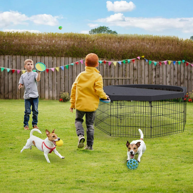 IndoorOutdoor Dog Playpen - Foldable Metal Exercise Yard with Top Cover - 8 Panels