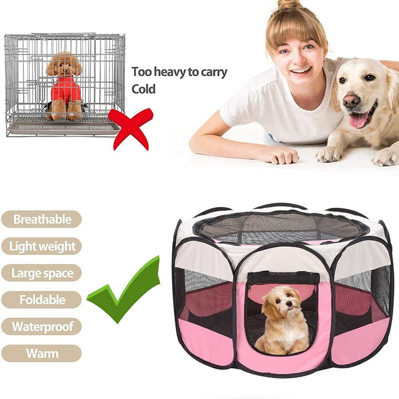 Portable Pink Pet Playpen with Removable Mesh Shade Cover - Foldable