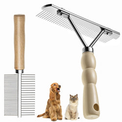 Grooming Brush Set Long Tooth Undercoat Dog Rake+Flea Comb,Deshedding Tool Beauty Steel Comb for Golden Retriever Husky German Shepherd Longhair Cat