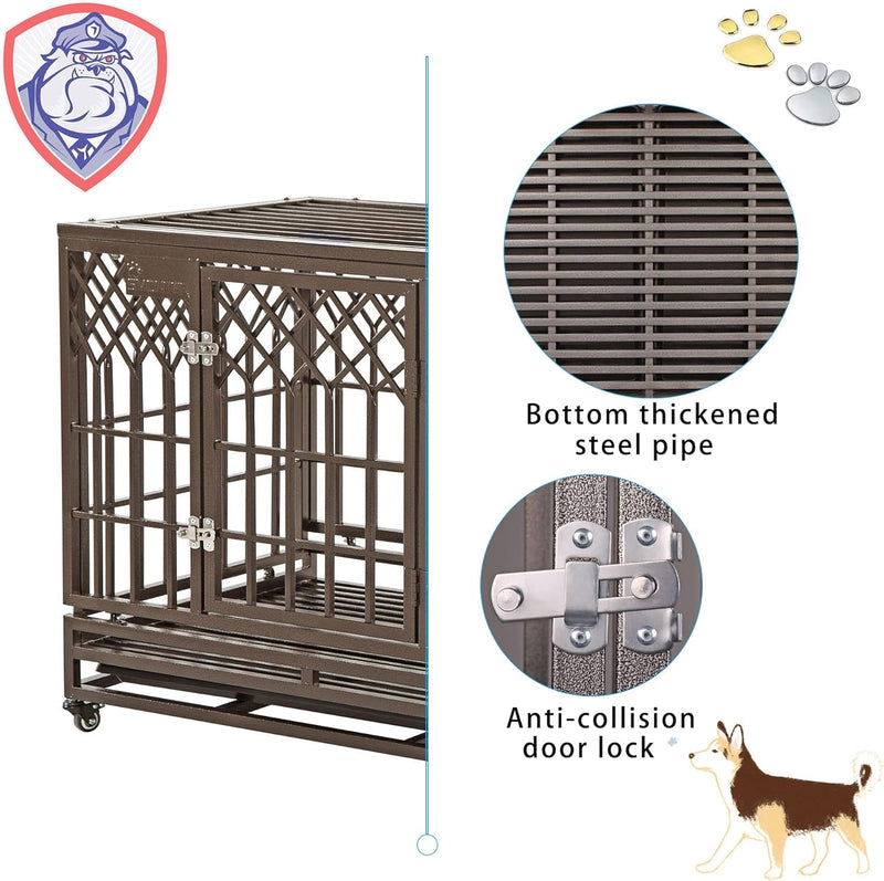 Heavy Duty Metal Dog Cage with Wheels Y Shape Brown - 38In Pet Kennel Crate Playpen