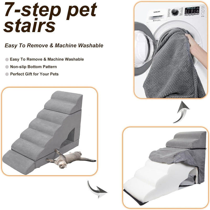 High Bed Dog Stairs for Small and Injured Pets - 34in Wide 7-Tier Non-Slip Steps