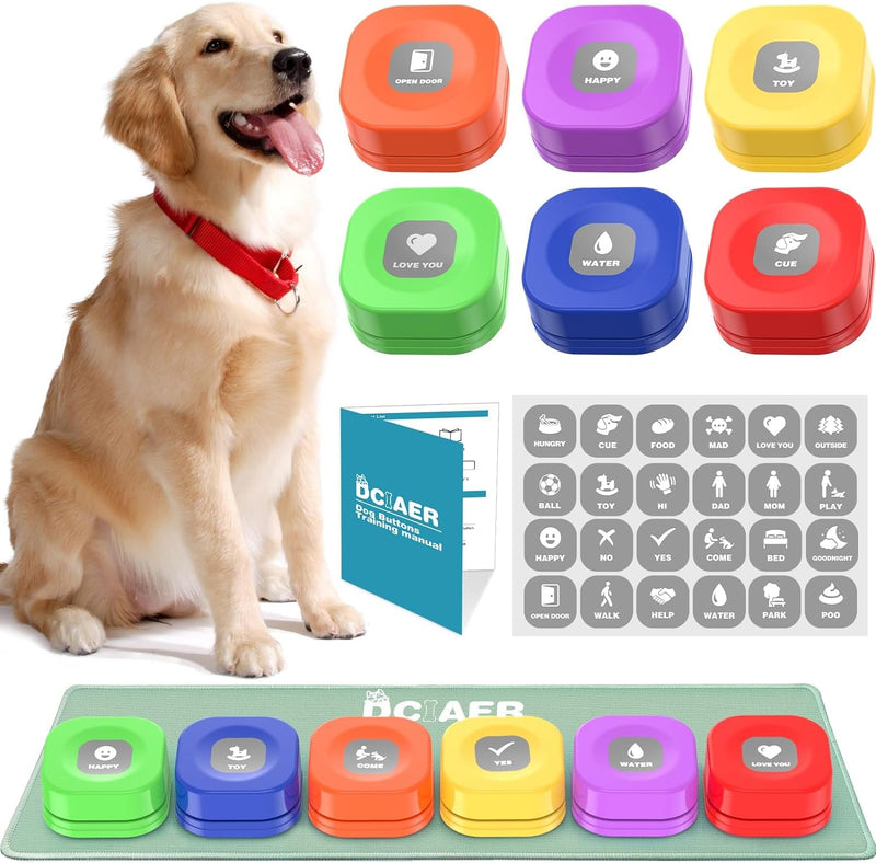 Dog Training Buttons Set with 4 Recordable Buttons 24 Scene Patterns Mat and Batteries - 30 Sec Sound Pet Training Toy