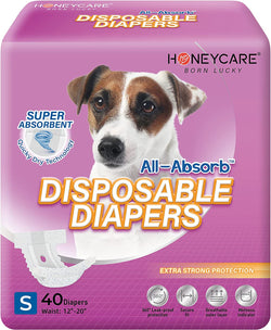 HONEY CARE All-Absorb Disposable Female Dog Diapers Extra Small Size, Improved, 50 Count, Super Absorbent, Breathable, Wetness Indicator