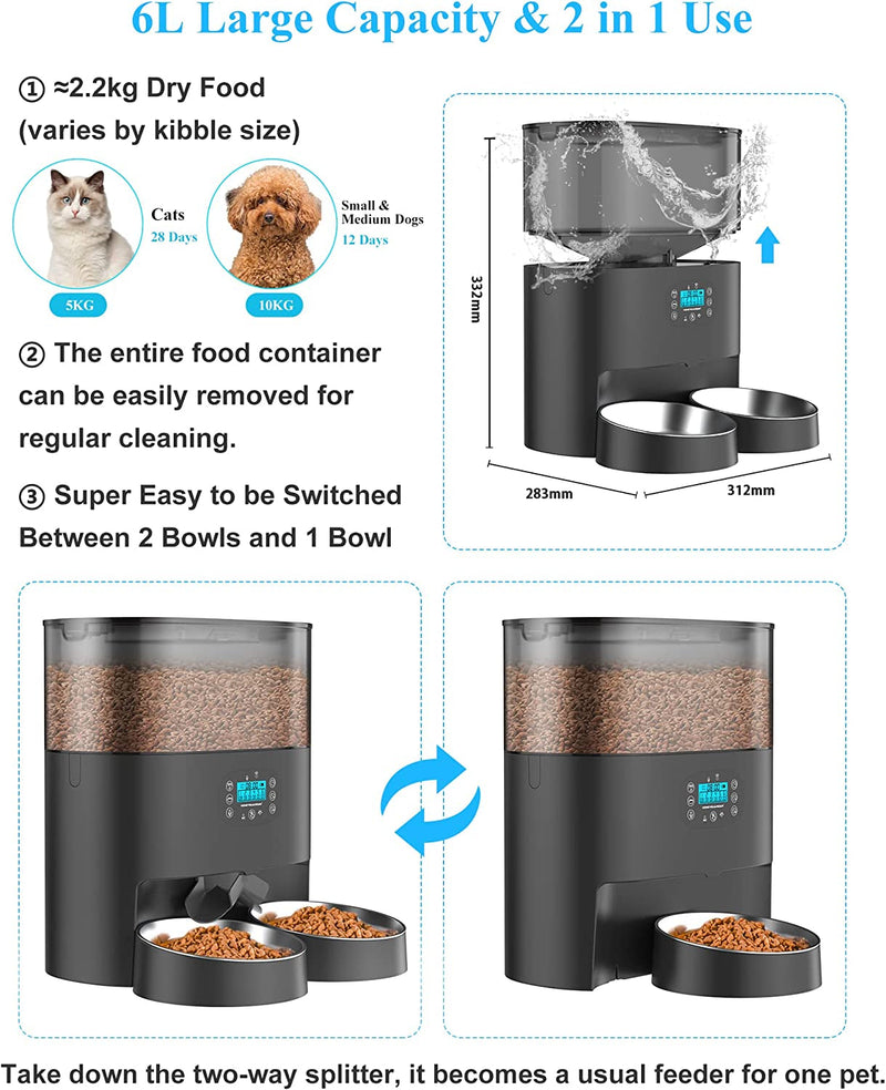 Honeyguaridan 6L Automatic Pet Feeder with Wifi and Stainless Steel Bowl