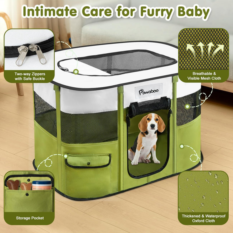 Pawaboo Portable Pet Playpen - Foldable Dog Tent Kennel for IndoorOutdoor - Free Carry Case  Bowl - For PuppyCatBunny - Green