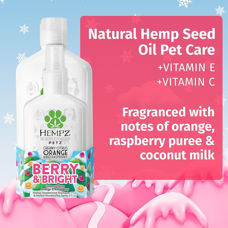 Hempz Petz Dog Shampoo (17 Oz) & Cologne (8.5 Oz) – Creamy Citrus Orange & Red Raspberry Herbal Dog Wash Deodorizing Shampoo & Deodorizing Dog Perfume & Hydrating Mist Spray for Smelly Dogs