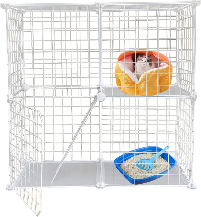 2 Tier Metal Cat Cage - Portable Indoor DIY Playpen for Cats White 2952