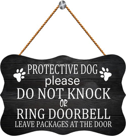 Wooden Sign - Dog Protective Doorbell Hanging Plank Farmhouse Decor 12x8 inches