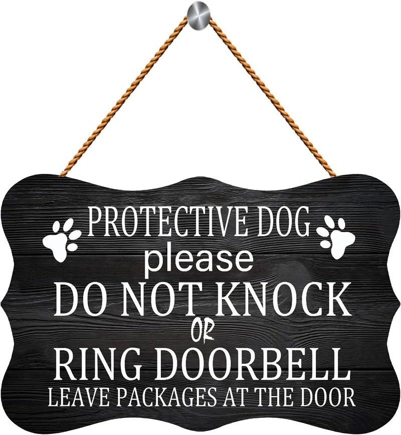 Wooden Sign - Dog Protective Doorbell Hanging Plank Farmhouse Decor 12x8 inches