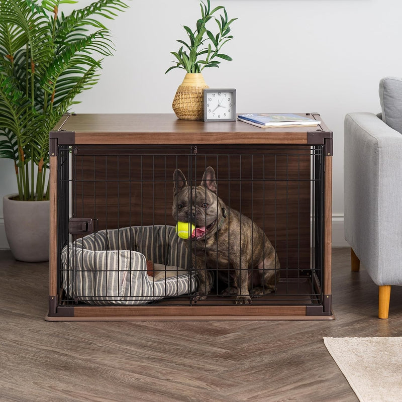 IRIS USA Large Wire Dog Crate with Tall Walls and Bottom Tray - Easy Assembly and Secure Latches Light BrownWhite