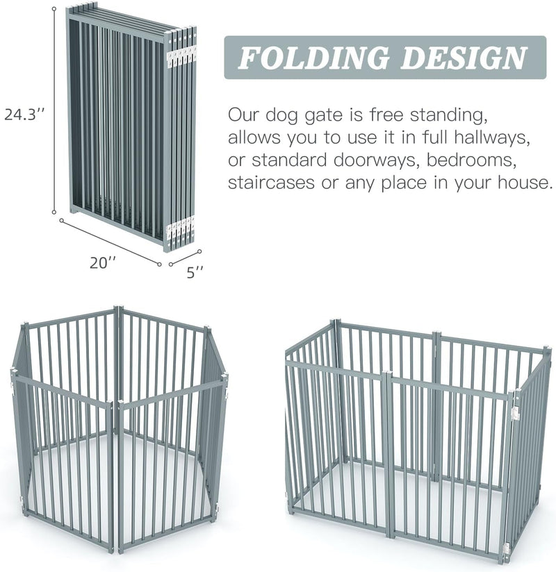 Heavy Duty Dog Playpen Pet Gate with Steel Frame and Double Hinged Divider - Indoor Dog Fence 6 Panels 24x120 Grey