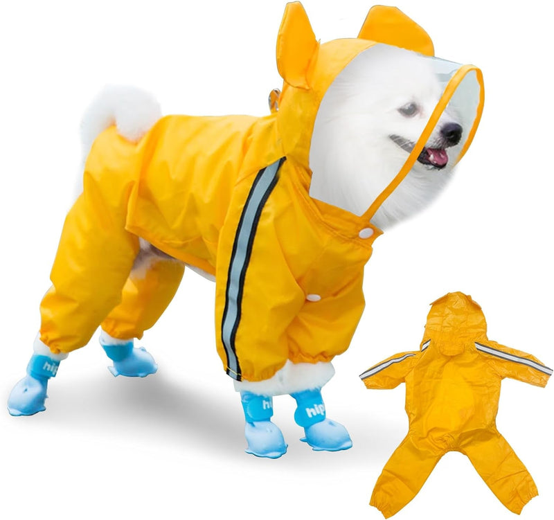 Yellow Dog Raincoat with Hood and Leash - Waterproof Reflective Outdoor Poncho for Small and Medium Dogs