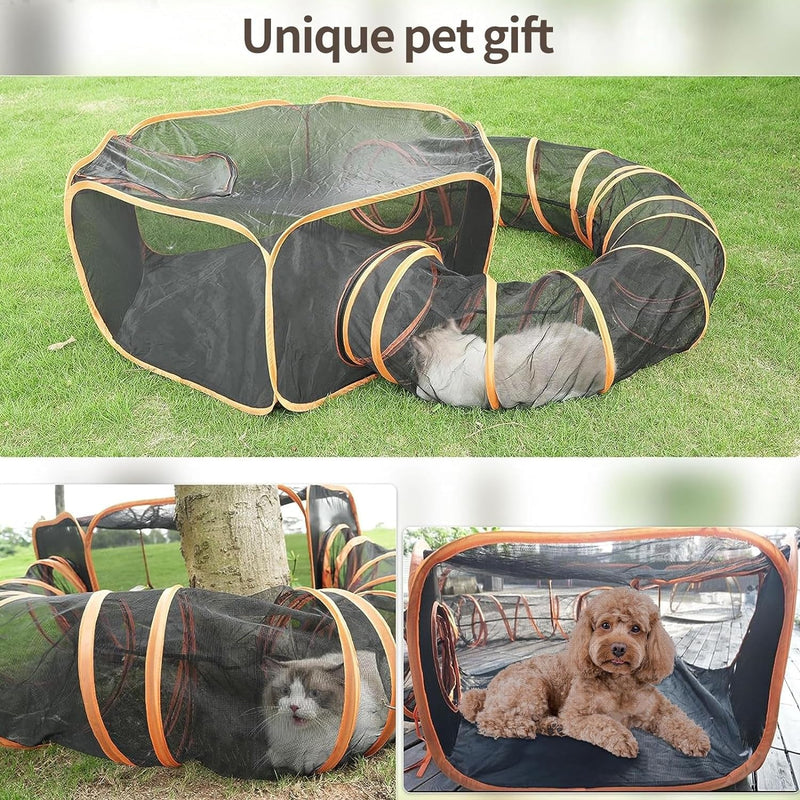 The simplified title for this product could be Portable Outdoor Cat Enclosure with Tunnel - Suitable for Small Pets