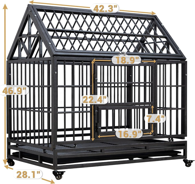 Heavy Duty XXL Dog Crate with Wheels 3 Doors Removable Tray - 42 Inch Spire Roof